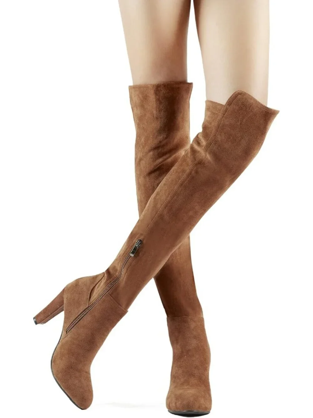 Women's Dark Brown Faux Suede Chunky Heel Stretch Over The Knee Thigh High Boots